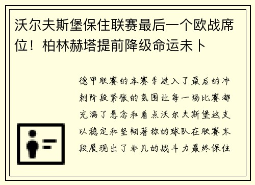 沃尔夫斯堡保住联赛最后一个欧战席位！柏林赫塔提前降级命运未卜