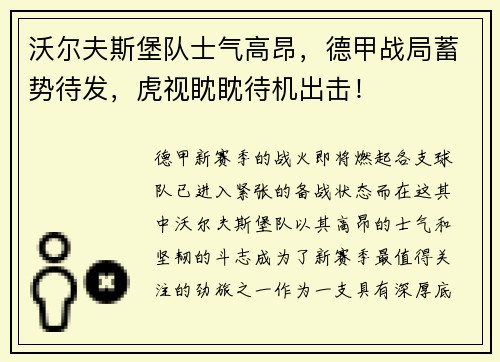 沃尔夫斯堡队士气高昂，德甲战局蓄势待发，虎视眈眈待机出击！